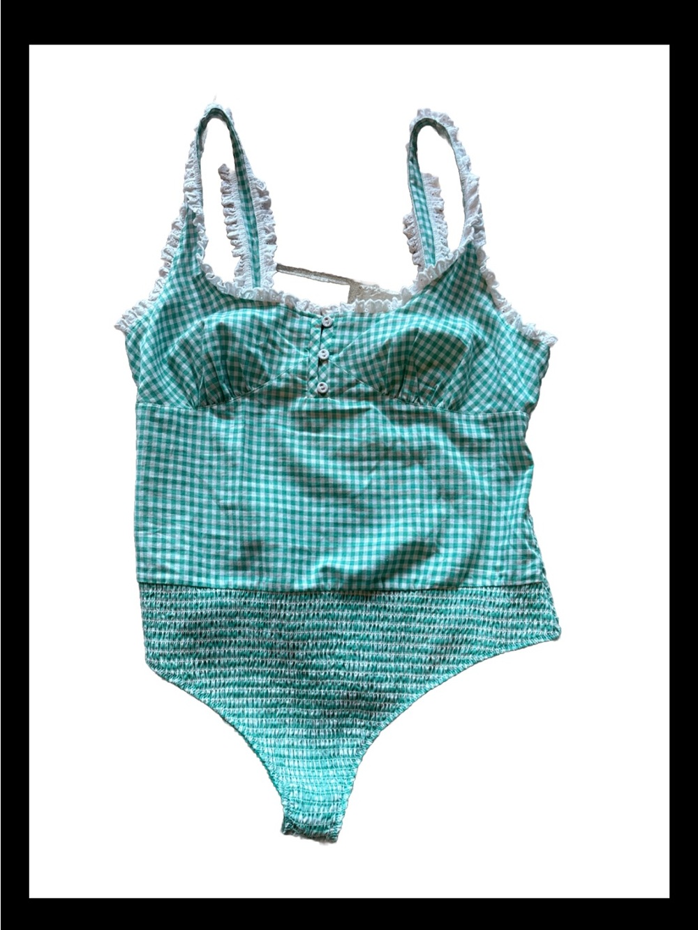 Free People Cassie Green Gingham Bodysuit with White Ruffle Trim size Large NWOT - Picture 8 of 10